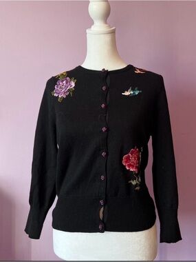 Lucky Brand Black Button Floral Embroidered Cardigan Womens M